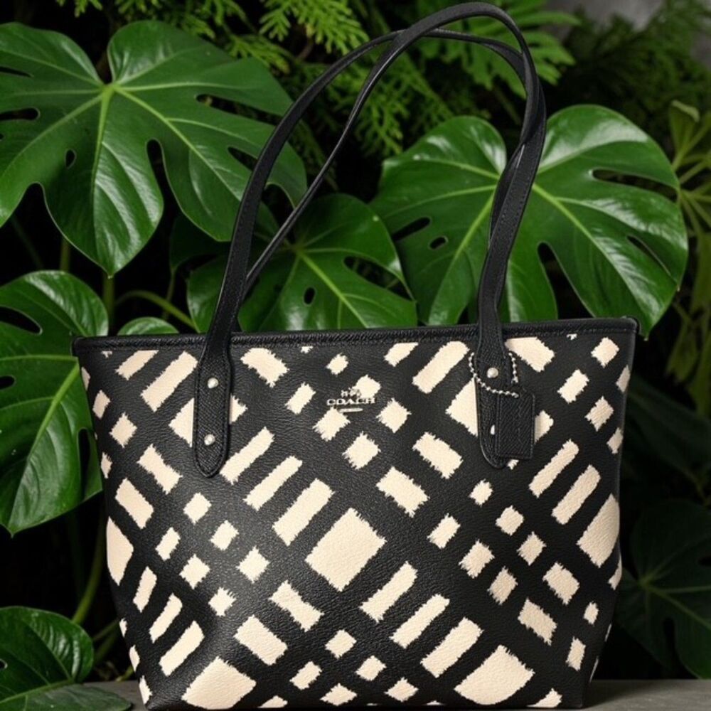 Coach Wild Plaid Mini City Zip Tote Black Cream Canvas Handbag F22246